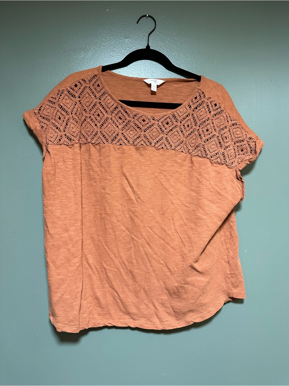 Terra & Sky Crochet Yoke Short Sleeve Tee in Rust Orange Size 16w